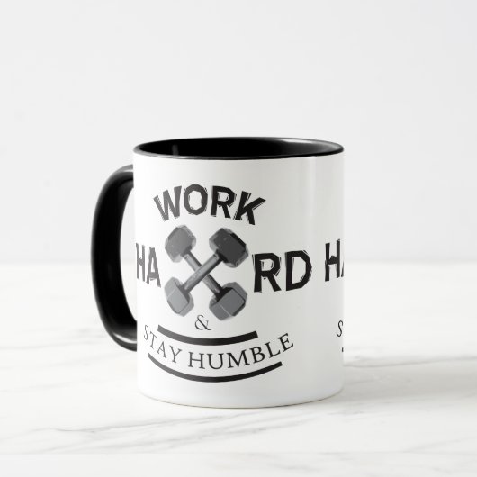 Werk hard Blijf nederig - Dumbbell Mok (Voorkant links)