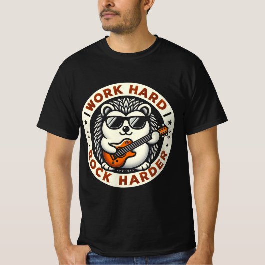 Werk Hard Rock Harder Cool Hedgehog Gitaar Ontwerp T-shirt (Voorkant)