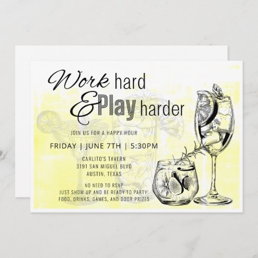 Werk Hard Spelen Harder Happy Hour Uitnodigen Kaart (Voorkant / Achterkant)