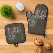 Werk in uitvoering krabbelontwerp ovenwant & pannenlap set (Top down)