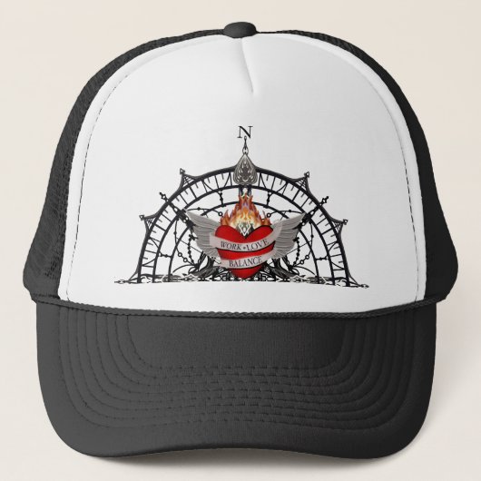 Werk, liefdesbalans in rode script lettering vrach trucker pet (Voorkant)