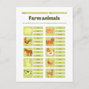 Werkblad voor het herkennen van boerderijdieren feestdagenkaart