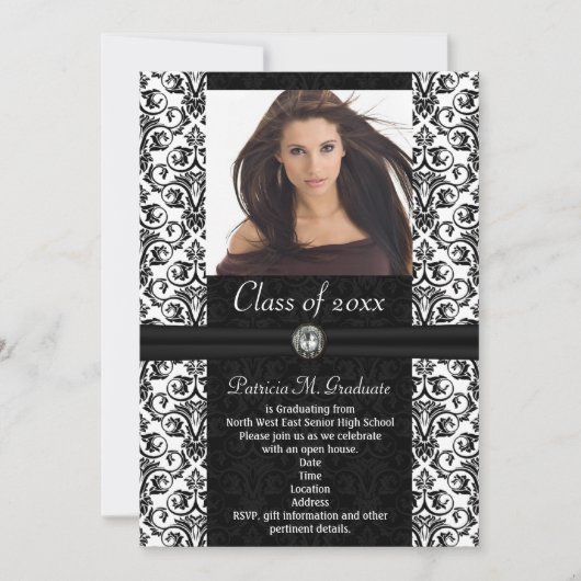 Werken met wit|Zwart Damask-Afstuderen Kaart (Voorkant)