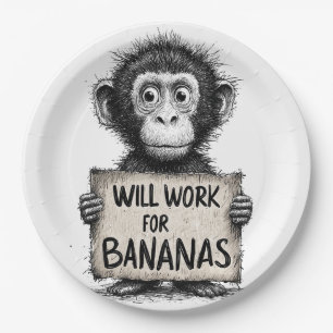 Werken voor Bananen - Humoristische Aap Schets Papieren Bordje