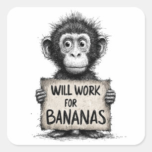 Werken voor Bananen - Humoristische Apen Schets Vierkante Sticker