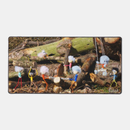 Werkende Fubby's in hun houtzagerij. Bureaumat