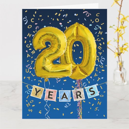 Werknemer 20e Jubileum Gold Balloon Kaart (Gele Bloem)