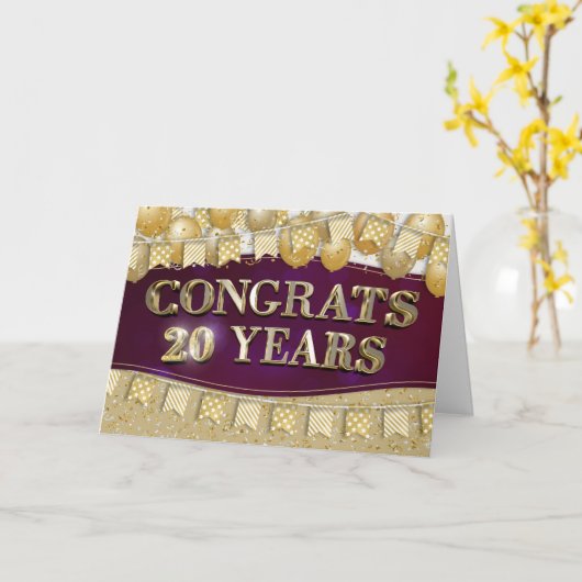 Werknemer 20e Jubileum Gold Text en ballonnen Kaart (Gele Bloem)