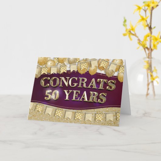 Werknemer 50e Jubileum Gold Text en ballonnen Kaart (Gele Bloem)