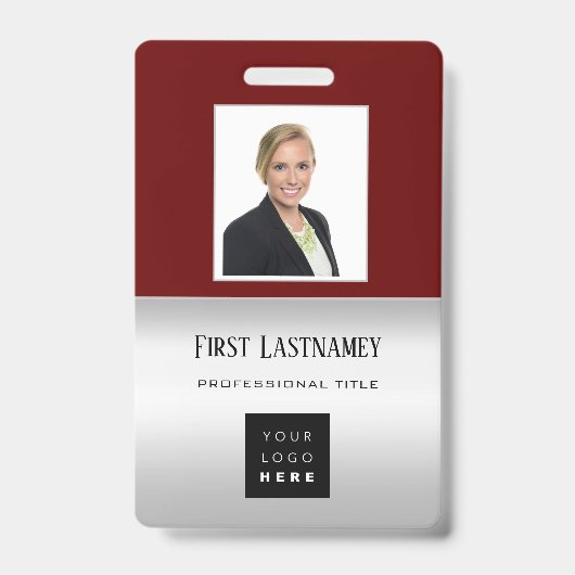 Werknemer Barcode Logo Naam Scanner Grijs Burgundy Badge (Voorzijde)