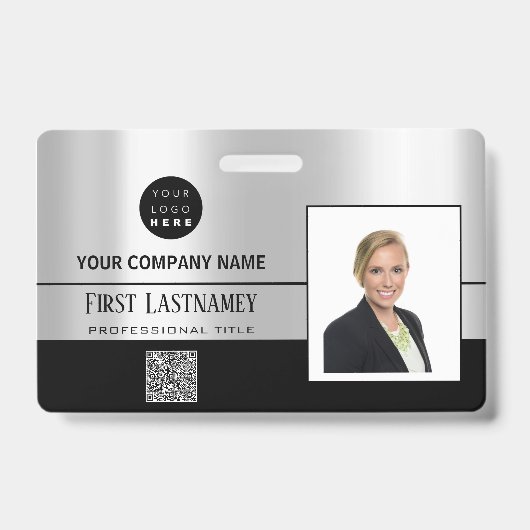 Werknemer Barcode Logo Naam Scanner Stripe Grey Badge (Voorzijde)