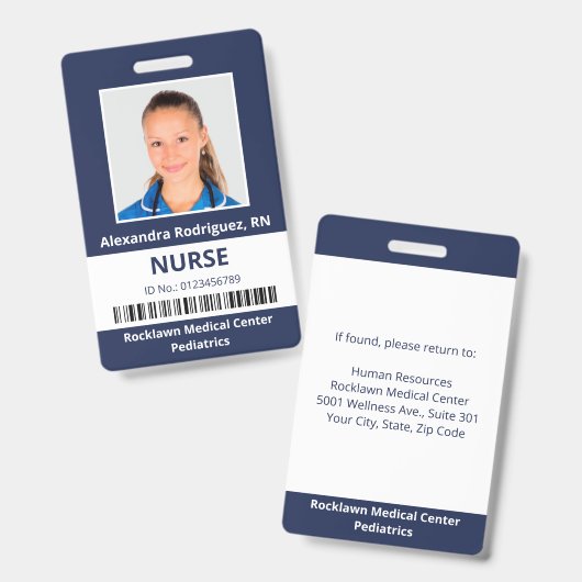 Werknemer Foto Barcode Marine Blauw Wit Medisch ID Badge (Voor- en achterkant)