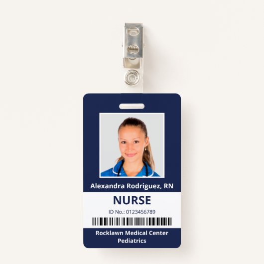 Werknemer Foto Barcode Marine Blauw Wit Medisch ID Badge (Voorkant met clip)