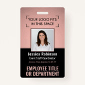 Werknemer Foto ID QR Barcode Logo Pink Rose Gold Badge (Voorkant)