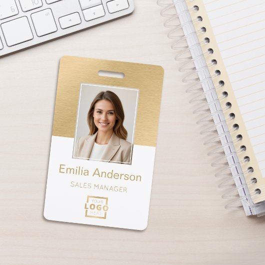 Werknemer Foto ID QR Code Logo Wit Geborsteld Goud Badge