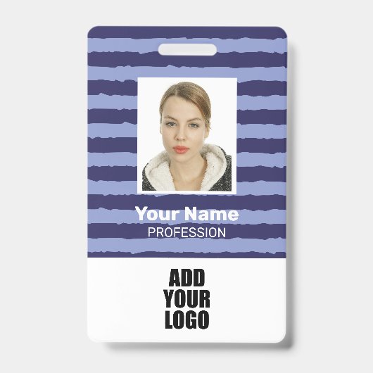 Werknemer foto logo & barcode blauwe strepen badge (Voorzijde)