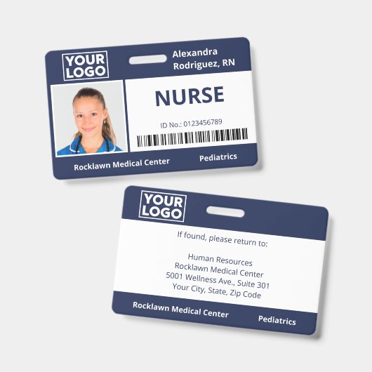 Werknemer Foto Logo Barcode Navy Blue Hospital ID Badge (Voor- en achterkant)