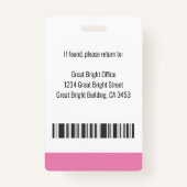 Werknemer Foto Naam Logo Bar Code Roze en Wit Badge (Achterkant)