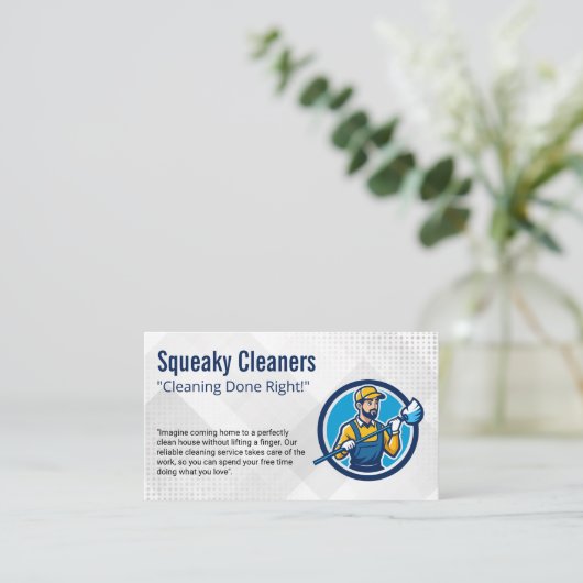 Werknemer met mop | schoonmaakmiddelen visitekaartje (Staand voorkant)