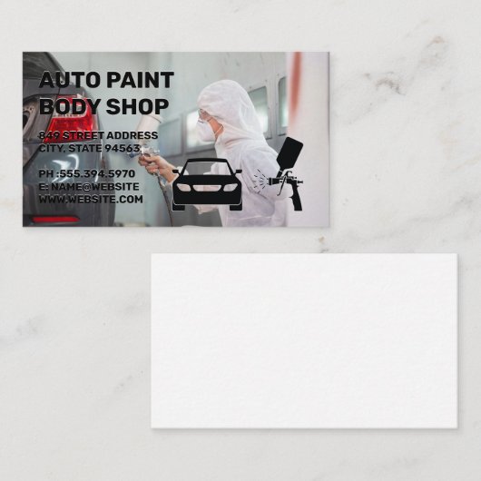 Werknemer spuit auto met verf visitekaartje (Voorkant / Achterkant)