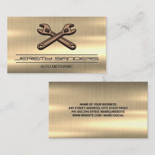 werktuigkundige | Goud metaal | Moersleutelgereeds Visitekaartje (Voorkant / Achterkant)