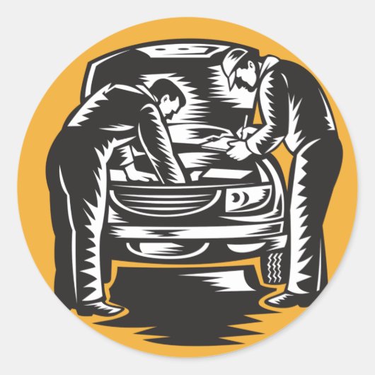 Werktuigkundigen werken aan een auto Stickers (Voorkant)