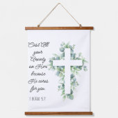Werp al je angst op Hem Eucalyptus Kruis Hangend Wandkleed (Voorkant)