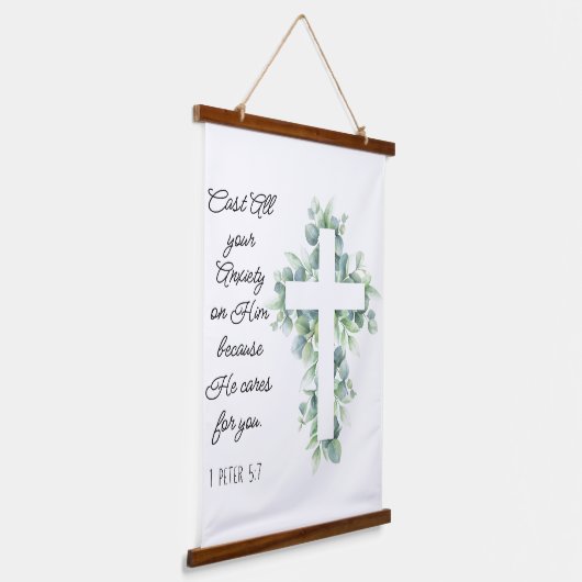 Werp al je angst op Hem Eucalyptus Kruis Hangend Wandkleed (Gebogen)