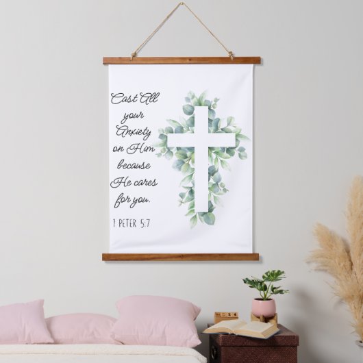 Werp al je angst op Hem Eucalyptus Kruis Hangend Wandkleed (Slaapkamer)