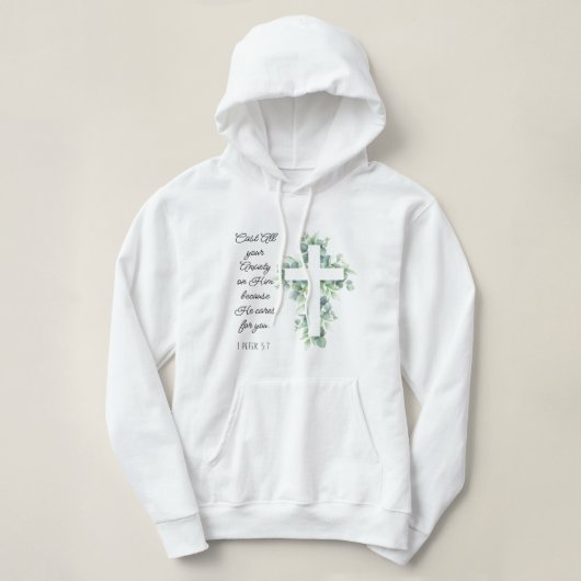 Werp al je angst op Hem Eucalyptus Kruis Hoodie (Design voorkant)