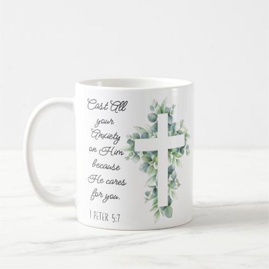 Werp al je angst op Hem Eucalyptus Kruis Koffiemok (Links)