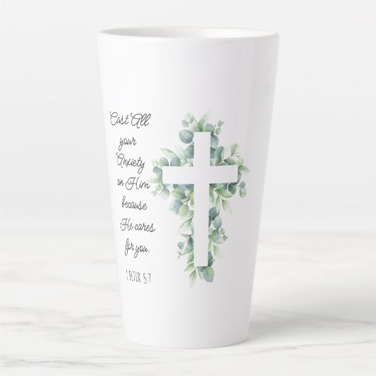 Werp al je angst op Hem Eucalyptus Kruis Latte Mok (Voorkant)