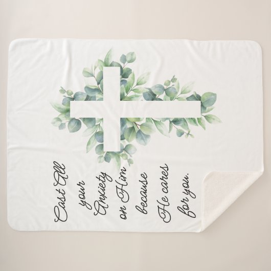 Werp al je angst op Hem Eucalyptus Kruis Sherpa Deken (Voorkant (horizontaal))
