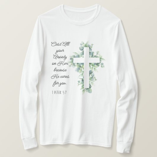 Werp al je angst op Hem Eucalyptus Kruis T-shirt (Design voorkant)