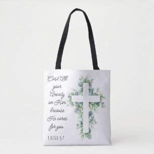 Werp al je angst op Hem Eucalyptus Kruis Tote Bag