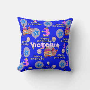 Werpkussen, #3 Gelukkige 3e verjaardag Blauw Kussen