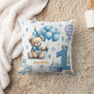 Werpkussen, Gelukkige 1e verjaardag Teddybeer Blau Kussen