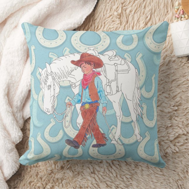 Werpkussen Jonge Cowboy en Paard Kussen (Deken)