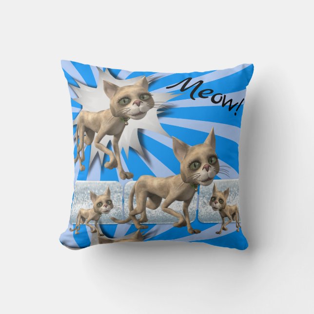 Werpkussen Meow! Katten Blauwe Streep Kussen (Voorkant)