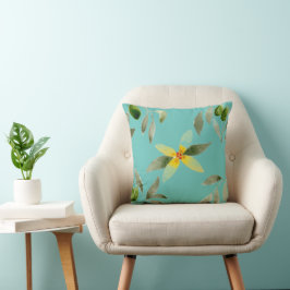Werpkussen met olijfdesign op licht teal kussen