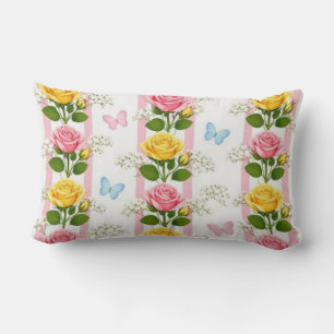 Werpkussen Roze & Gele Rozen Streep Bloem Kussen