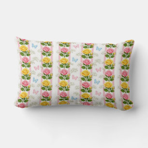 Werpkussen Roze & Gele Rozen Streep Bloemen Kussen