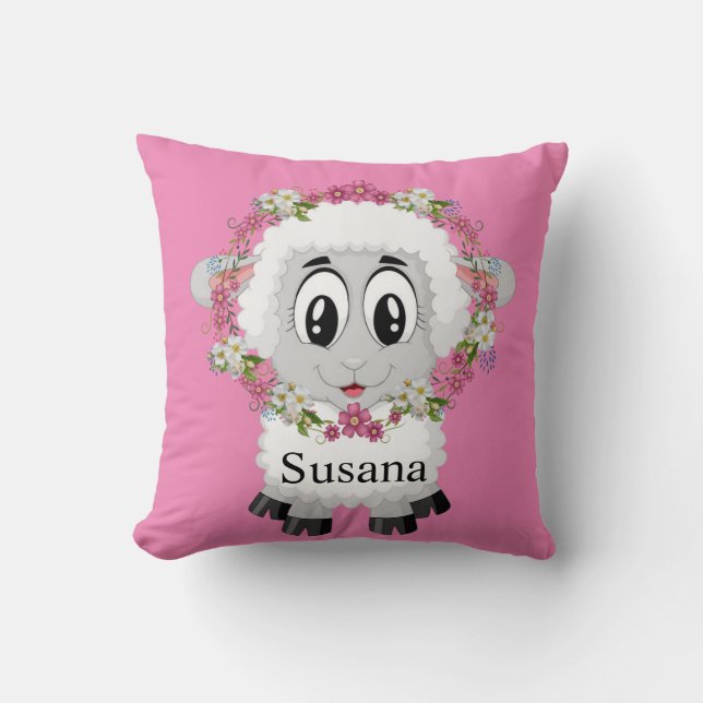 Werpkussen Schaap Bloemmotief Roze Kussen (Voorkant)