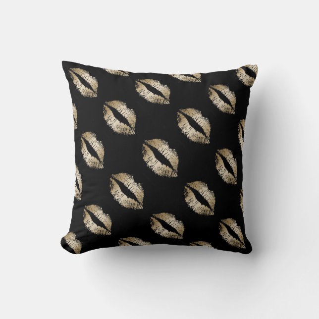 Werpkussen/Zwart met Gouden Lippen Kussen (Voorkant)
