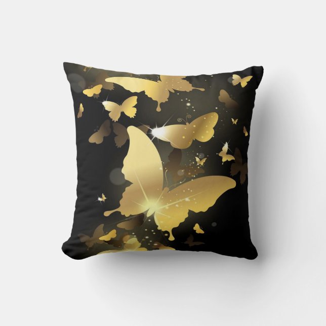 Werpkussen/Zwart met Gouden Vlinders Kussen (Voorkant)