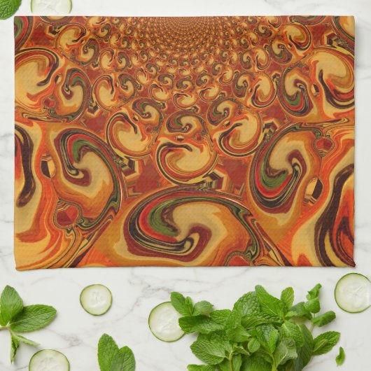 Wervelende Abstracte oranje, bruine en groene tint Theedoek (Gevouwen)