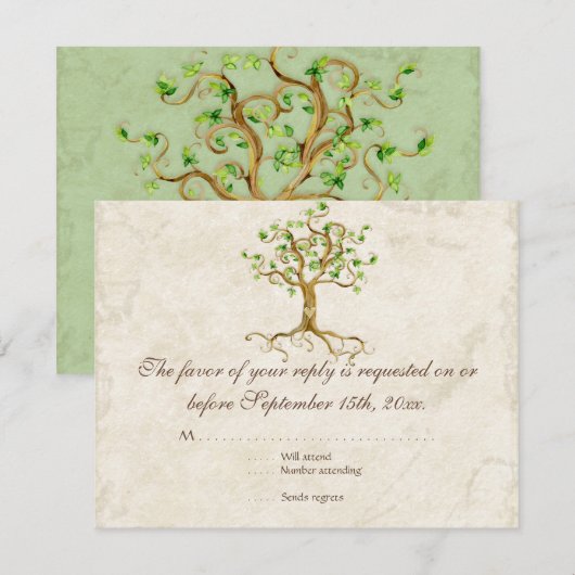 Wervelende Boomwortels Antiek Salie RSVP Antwoordk Kaartje (Voorkant / Achterkant)