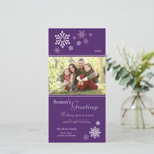 Wervelende Sneeuwvlokken Vakantie Fotokaart (paars Feestdagenkaart (Staand voorkant)