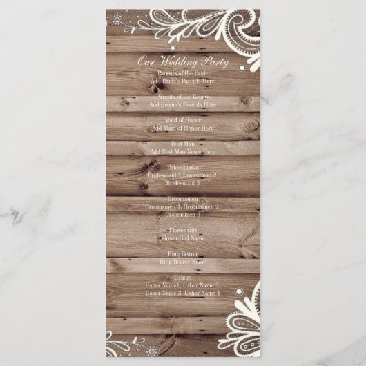 Wervelt kant schuur hout land bruiloft programma programmakaart (Achterkant)