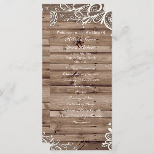 Wervelt kant schuur hout land bruiloft programma programmakaart (Voorkant / Achterkant)